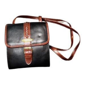 VINTAGE Liz Claiborne Black with Brown Trim Double Flap Crossbody Braided Trim